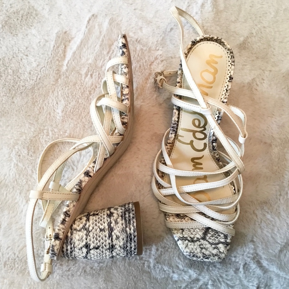 Sam Edelman Daffodil Cream and Gray Strappy Block Heels - Size 6